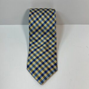 Haines & Bonner of London Mens Silk Tie Blue Gold Black Checkered Pattern 3.25"